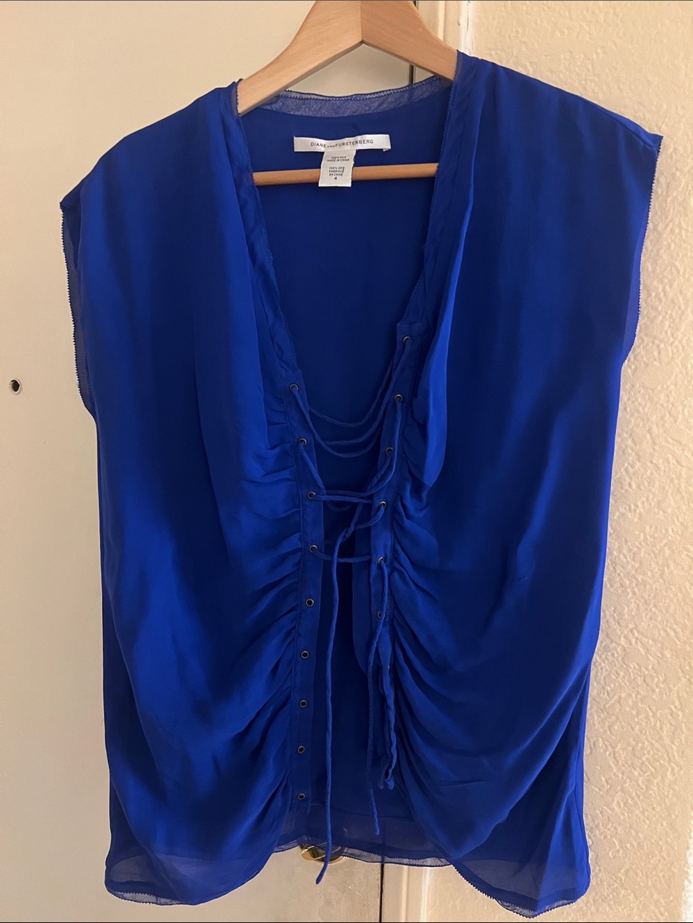 Diane von furstenberg 100% silk Cobalt Blue Lace-Up Sleeveless Blouse
